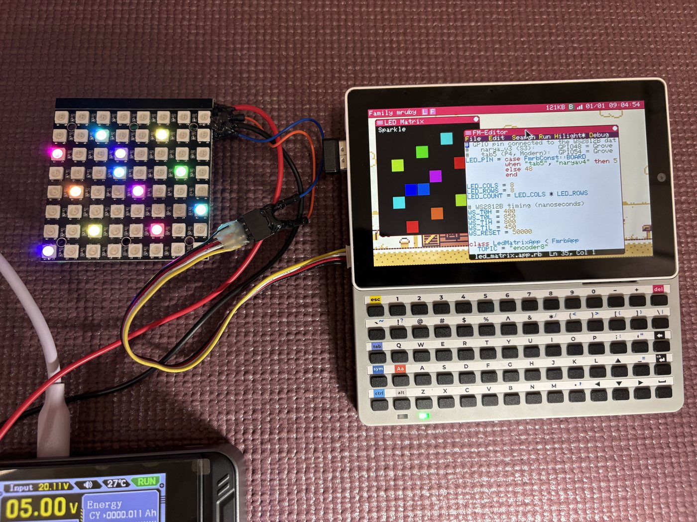 An 8x8 WS2812B matrix driven from the device, with the source open in the editor