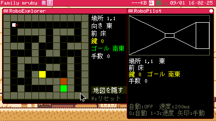 Two windows: the maze with the robot on the left, the robot's own first-person view on the right